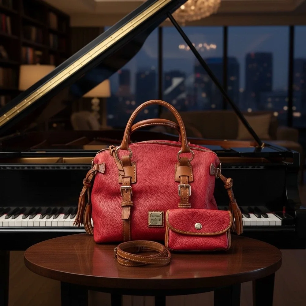 Dooney & Bourke Pebbled Leather Satchel + Wristlet Set Red/Tan Crossbody